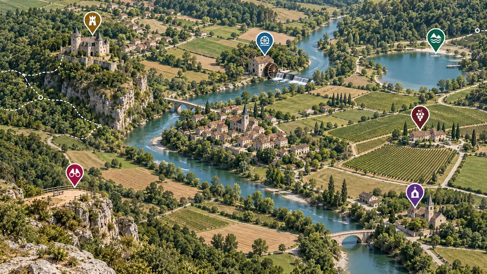 Una mappa turistica con il contrassegno di un alloggio, poi la stessa mappa senza contrassegno.