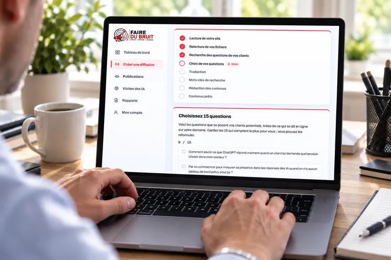 L'area clienti FaireDuBruit su un computer: le tappe della diffusione, poi «Scelga 15 domande».