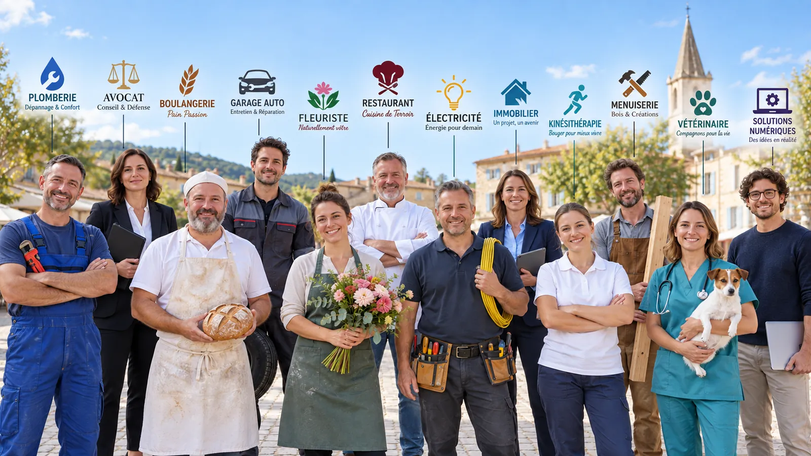 Dodici titolari d’azienda in una piazza di un paese, ognuno con il logo della propria azienda sopra la testa.