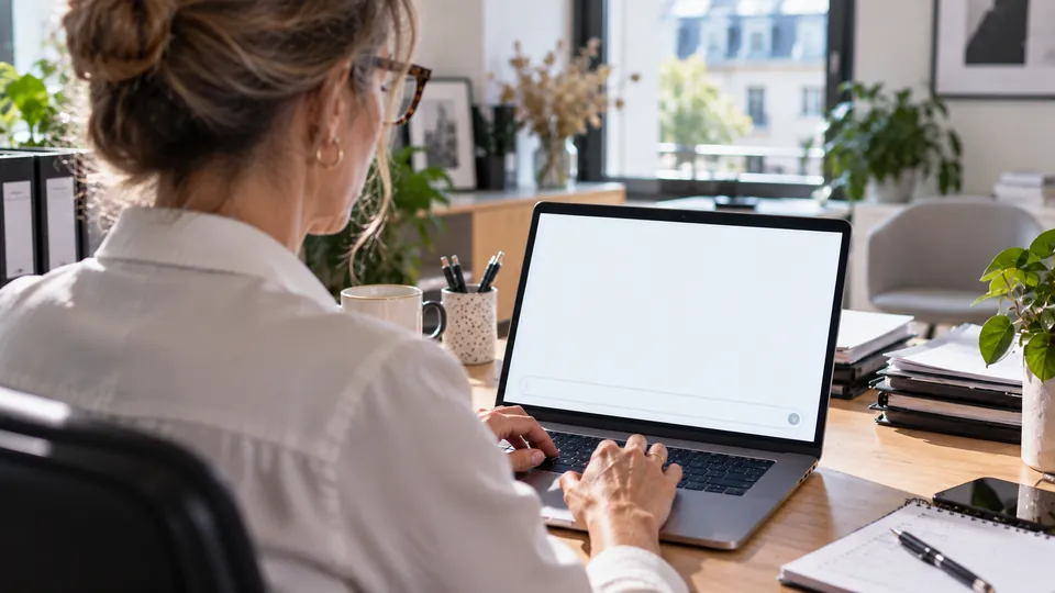 La titolare di uno studio alla sua scrivania pone una domanda a un'IA sul suo computer.